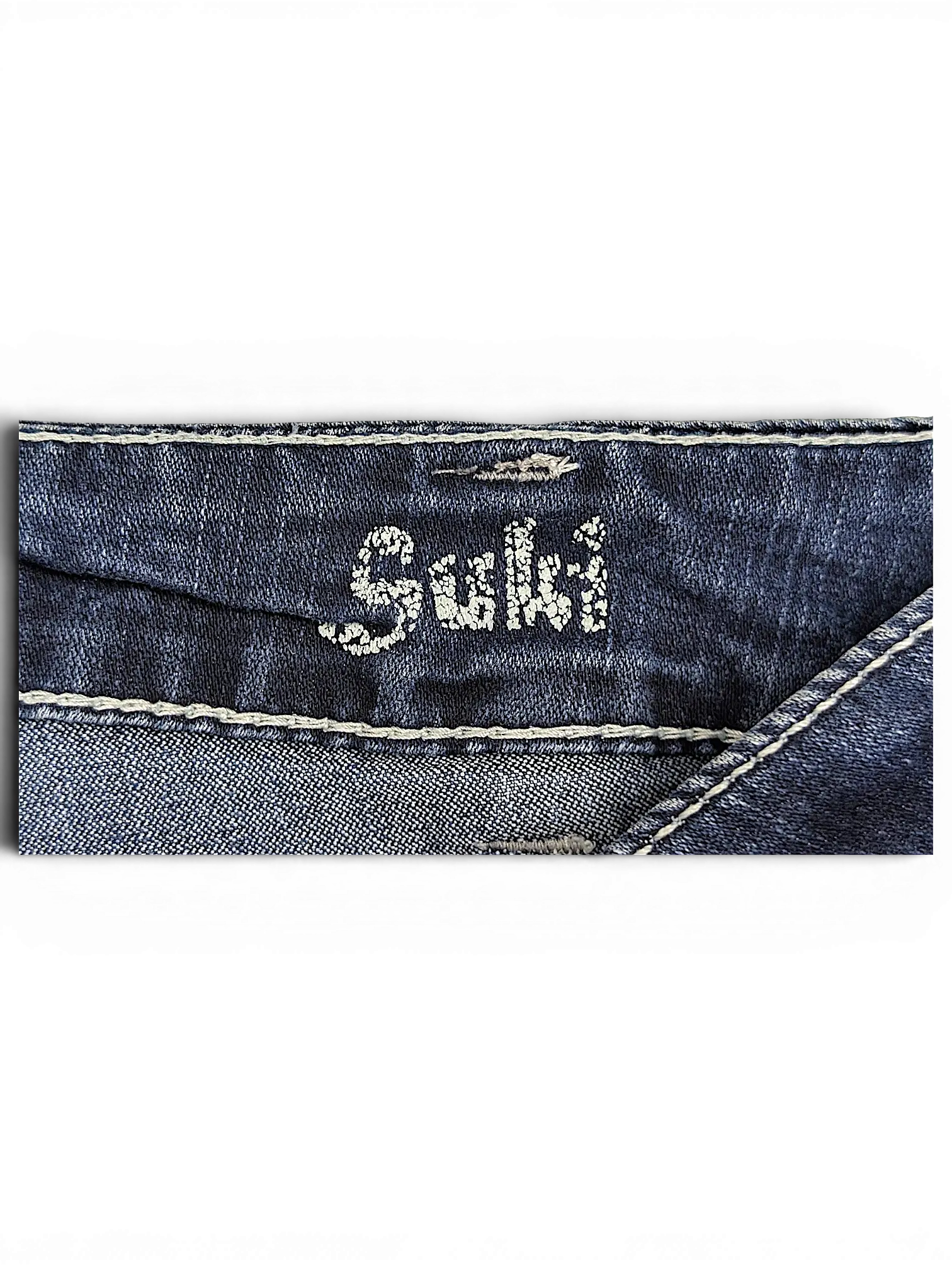 JAKE & IPI Silver Jeans Suki capri denim waistband detail with embroidered logo and contrast stitching