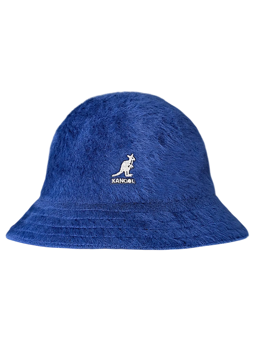 JAKE & IPI sininen pörröinen Kangol Fugora -ämpärihattu, jossa on valkoinen kengurulogo edessä.