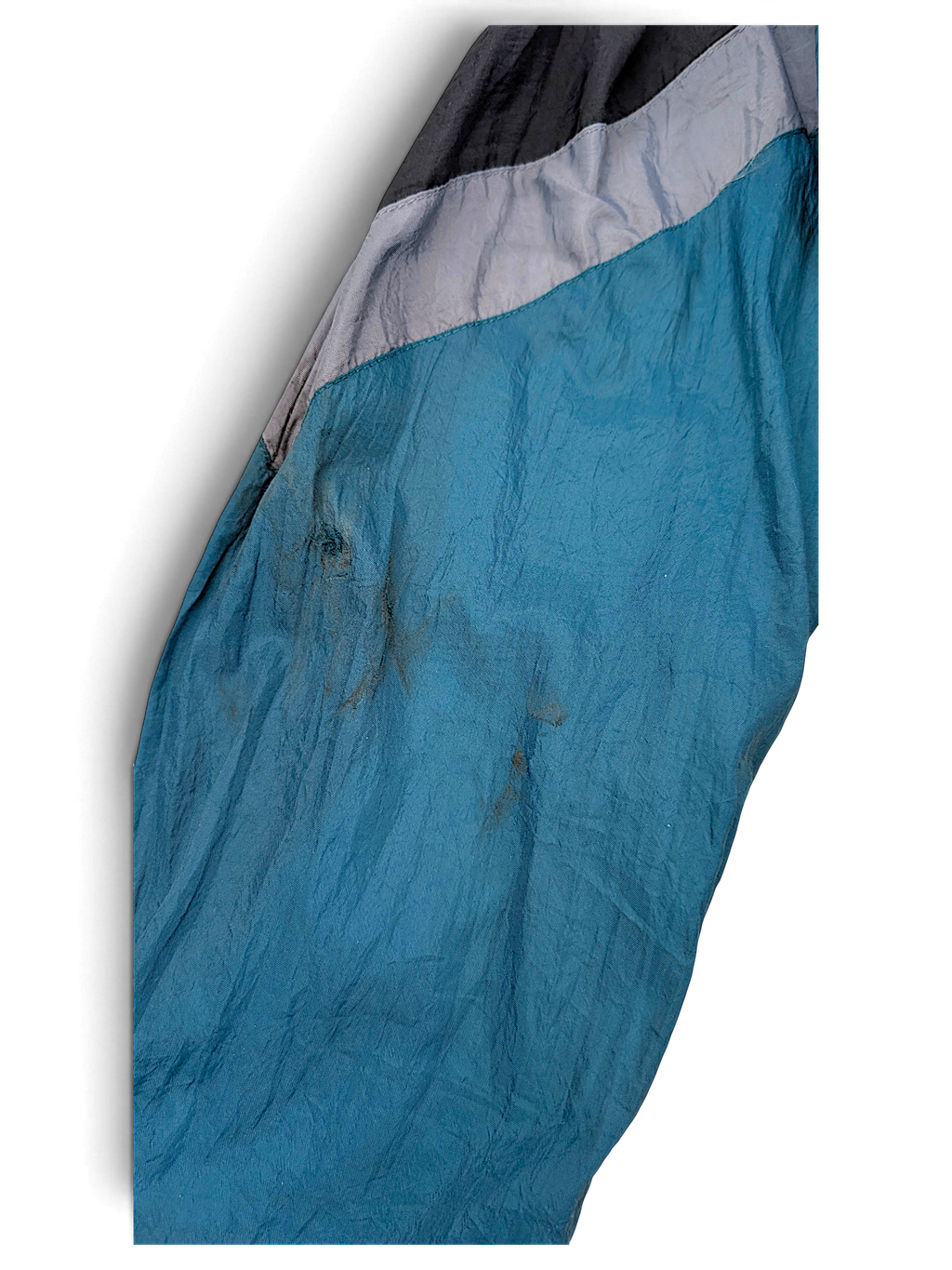Avait Sportif Blue and Teal Stripe Windbreaker; Sleeve close-up showing marks and wear.