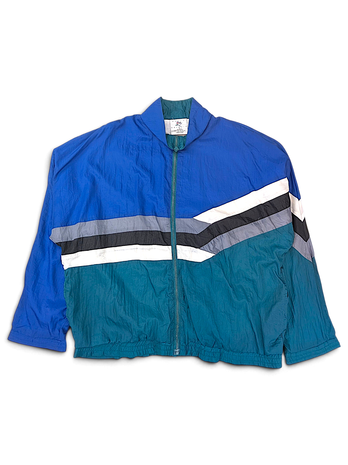Avait Sportif Blue and Teal Stripe Windbreaker; Front view with blue and teal panels and contrast stripes.