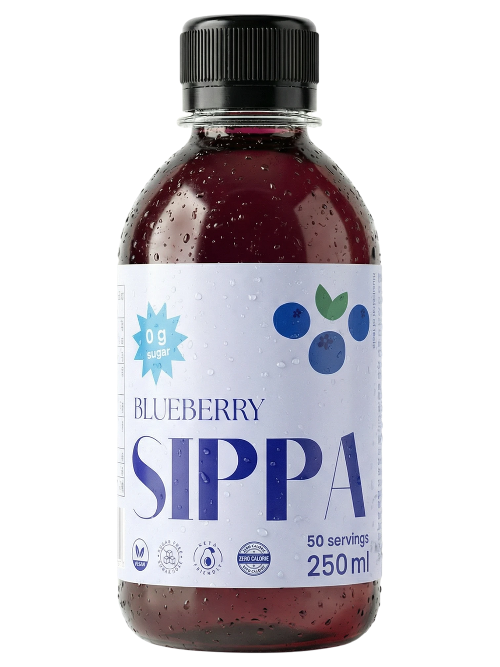 JAKE & IPI SIPPA Blueberry zero sugar drink concentrate in a 250ml bottle with water droplets on the surface.