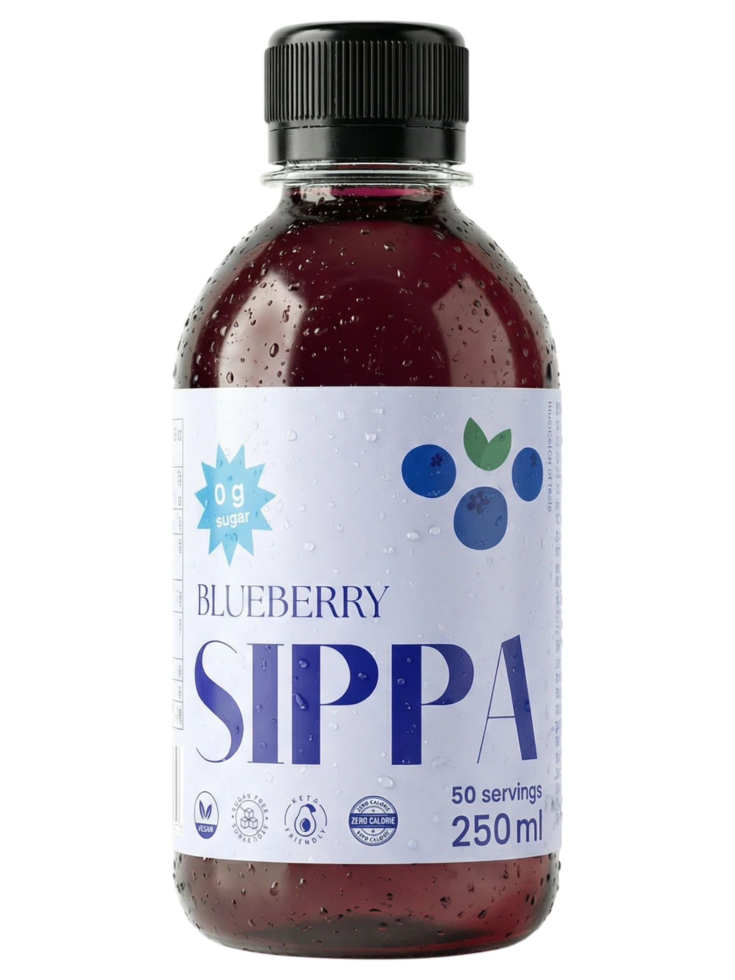 JAKE & IPI SIPPA Blueberry zero sugar drink concentrate in a 250ml bottle with water droplets on the surface.