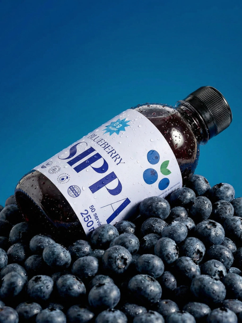 JAKE & IPI SIPPA Blueberry drink syrup bottle resting on a pile of fresh blueberries against a blue background