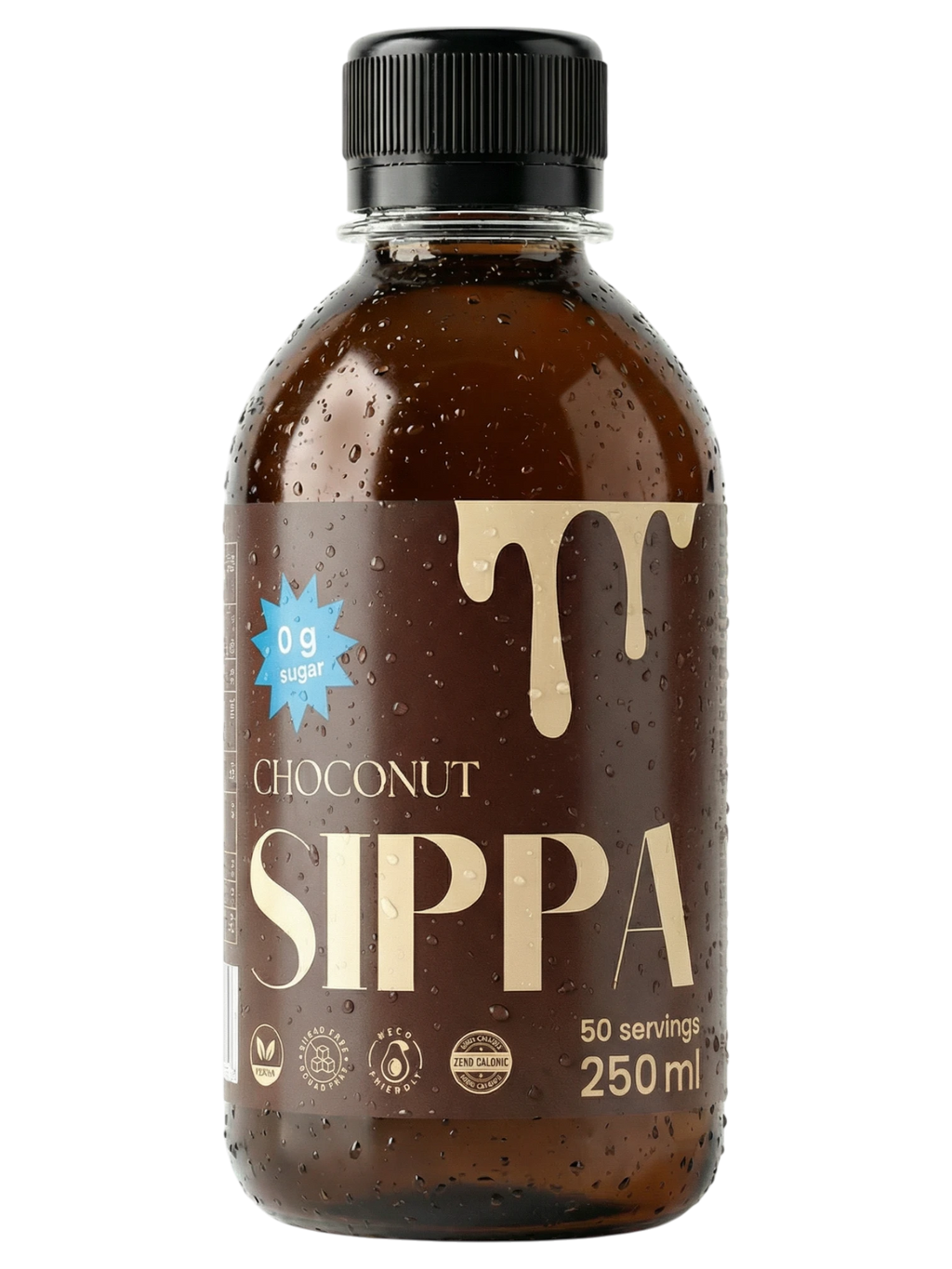 JAKE & IPI SIPPA Choconut chocolate hazelnut syrup bottle with condensation on a white background