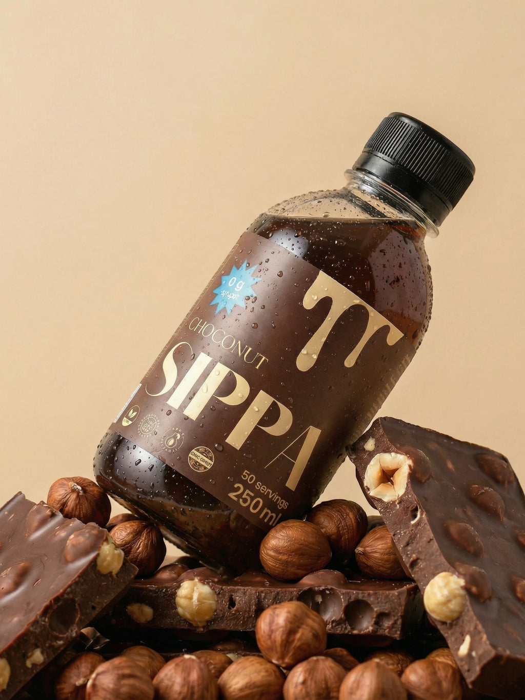 JAKE & IPI SIPPA Choconut chocolate hazelnut syrup bottle surrounded by chocolate bars and whole hazelnuts