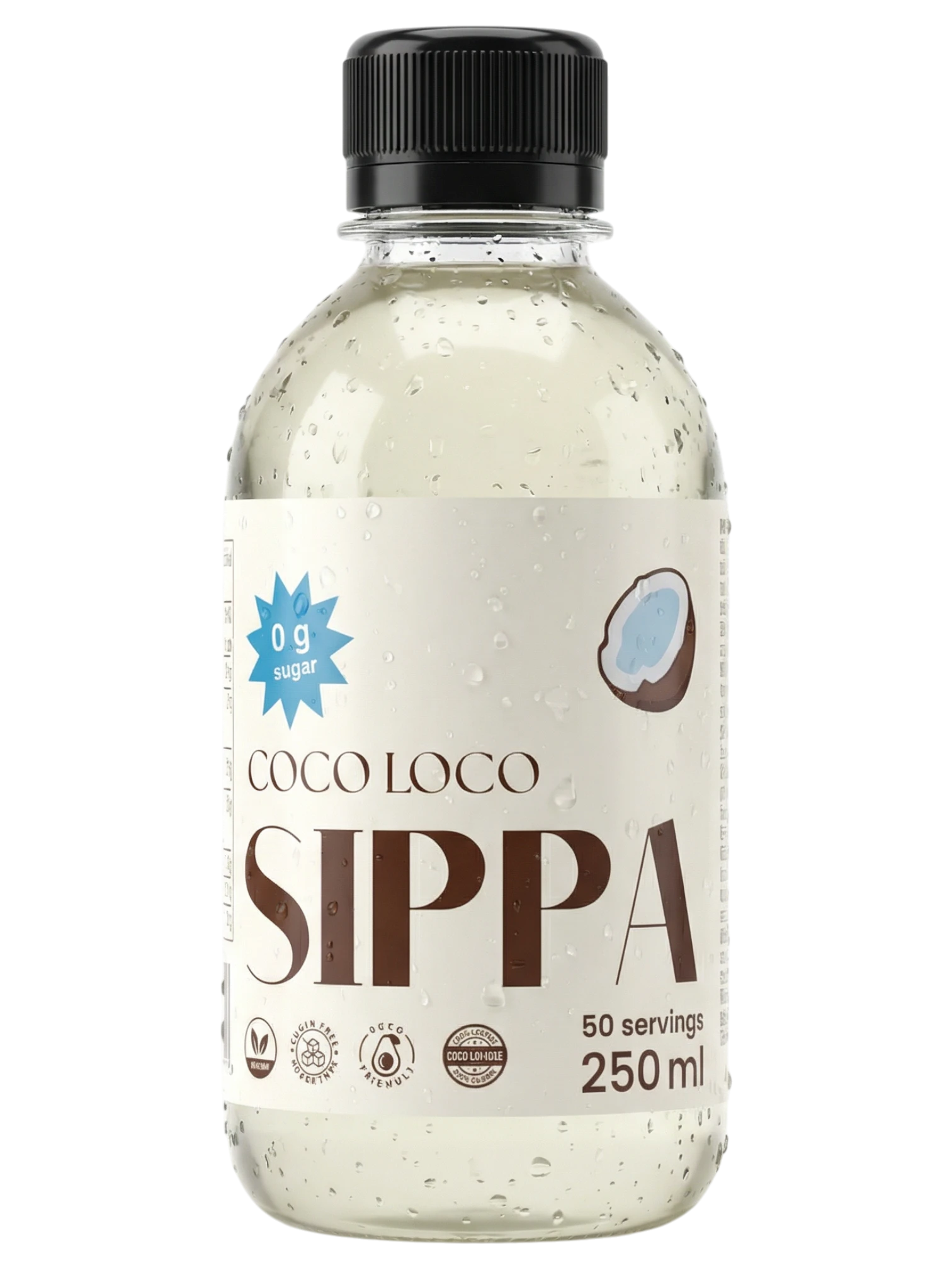 JAKE & IPI SIPPA Coco Loco coconut flavoured drink bottle with 0g sugar label and water droplets on clear plastic