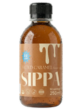 JAKE & IPI SIPPA Salted Caramel sugar-free syrup bottle with water droplets on a white background
