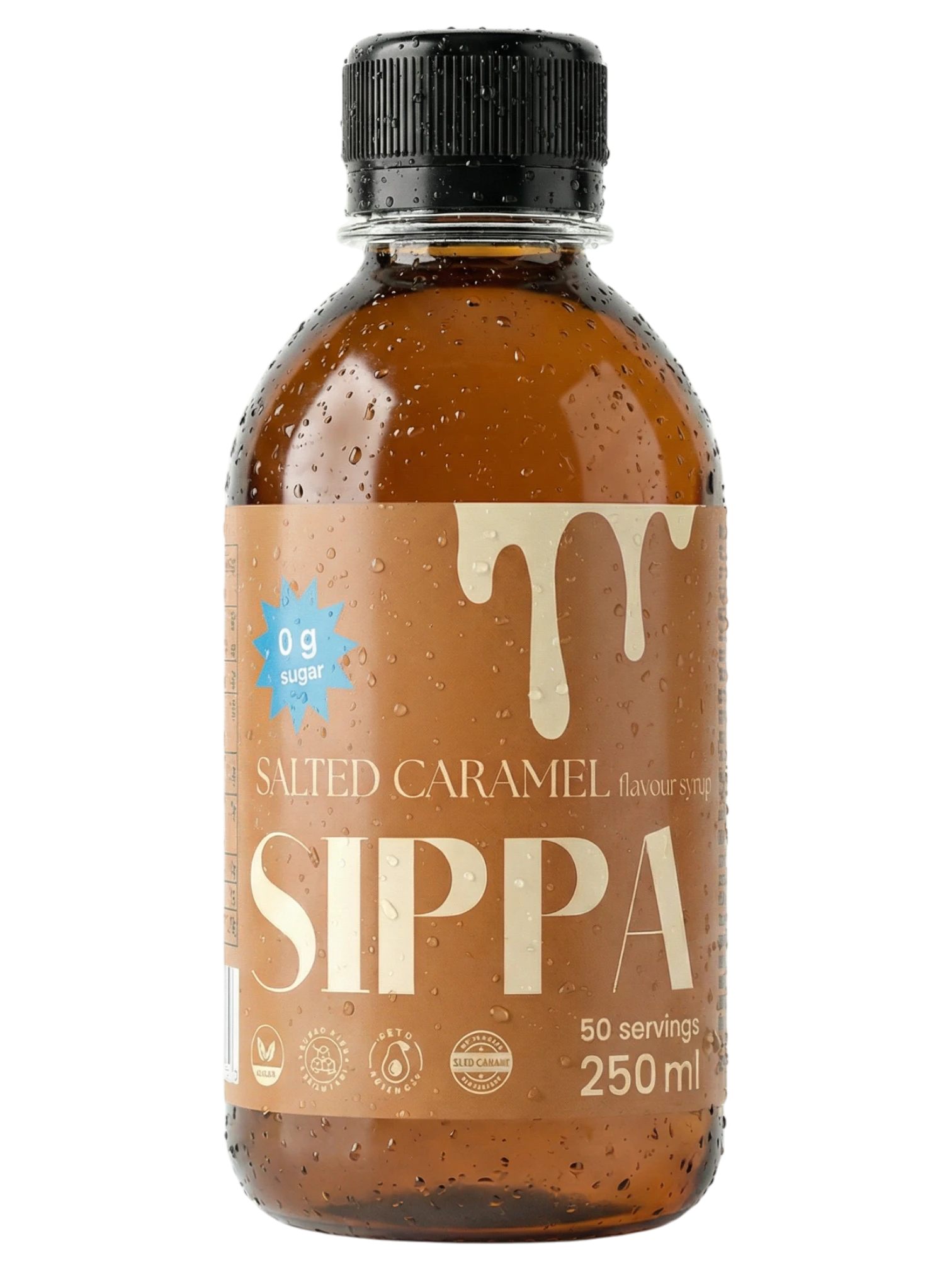 JAKE & IPI SIPPA Salted Caramel sugar-free syrup bottle with water droplets on a white background