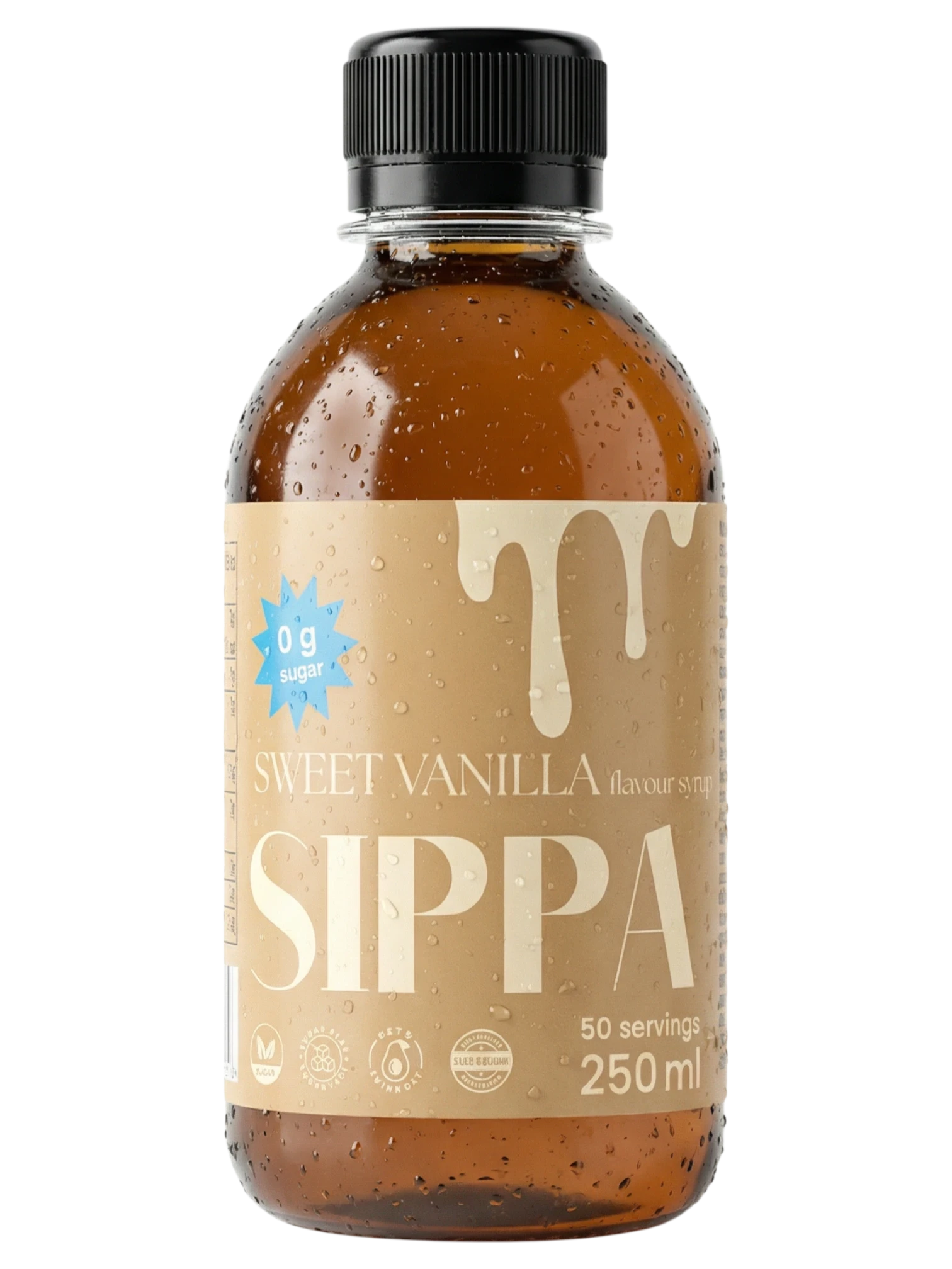 JAKE & IPI SIPPA Sweet Vanilla sugar-free syrup in a 250ml amber glass bottle with condensation droplets.