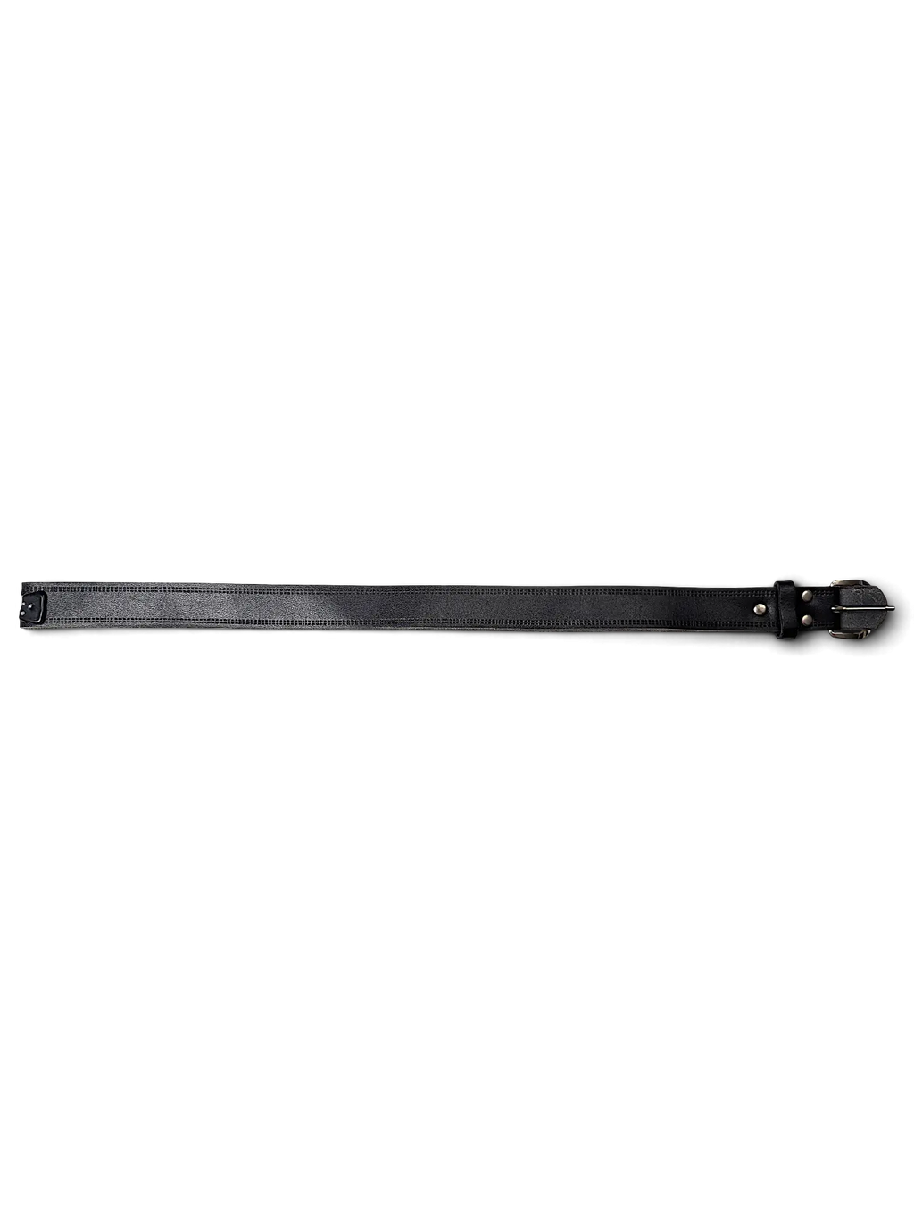 JAKE & IPI slim black leather belt with silver-tone buckle and stitched edges on a plain white background