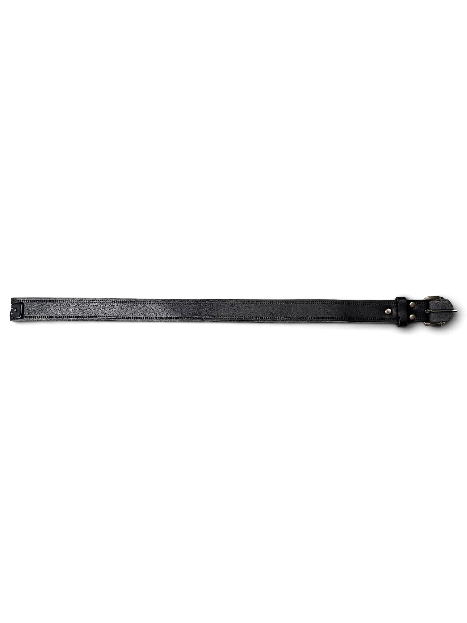 JAKE & IPI slim black leather belt with silver-tone buckle and stitched edges on a plain white background