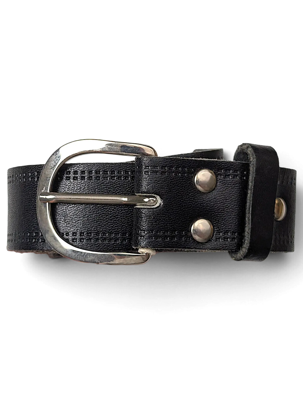 JAKE & IPI slim black leather belt with a silver buckle and double-stitched detailing held in a hand