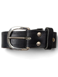 JAKE & IPI slim black leather belt with a silver buckle and double-stitched detailing held in a hand