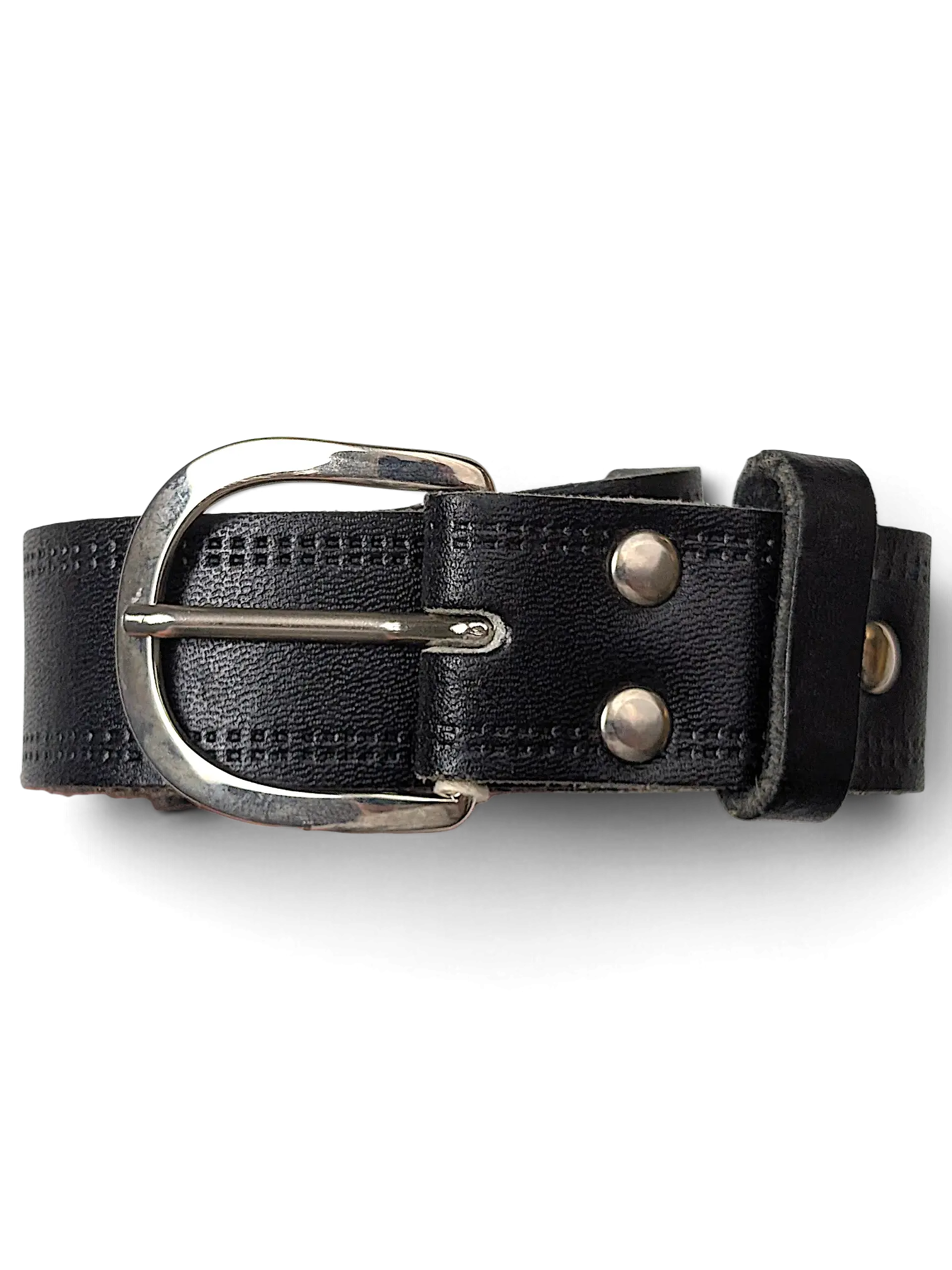 JAKE & IPI slim black leather belt with a silver buckle and double-stitched detailing held in a hand