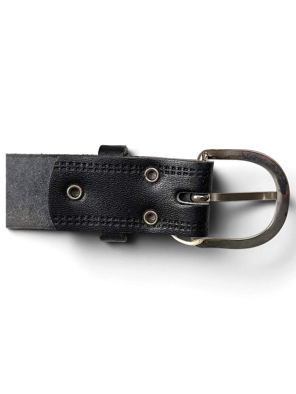 JAKE & IPI slim black leather belt with a silver metal buckle and reinforced stitched eyelets