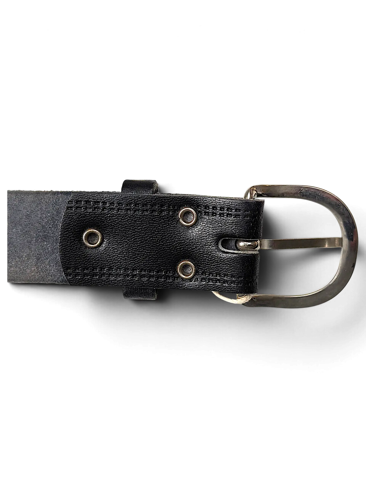 JAKE & IPI slim black leather belt with a silver metal buckle and reinforced stitched eyelets