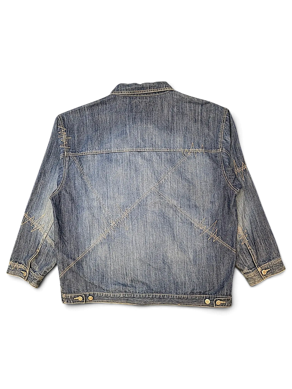 Back view of a JAKE & IPI Southpole denim jacket in medium blue wash with decorative white zigzag stitching details.