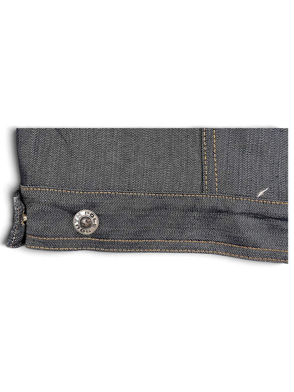 JAKE & IPI Southpole dark wash denim jacket featuring a branded metal button and durable contrast stitching.