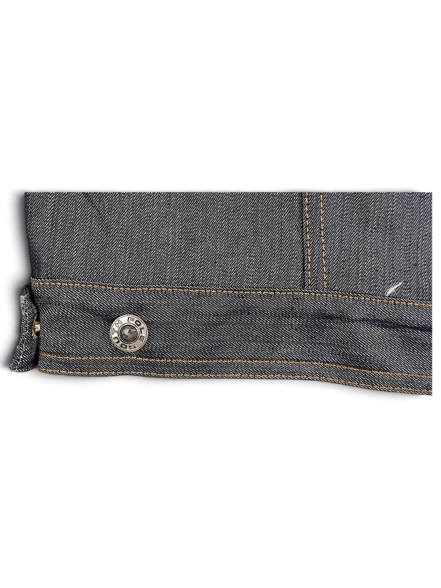 JAKE & IPI Southpole dark wash denim jacket featuring a branded metal button and durable contrast stitching.