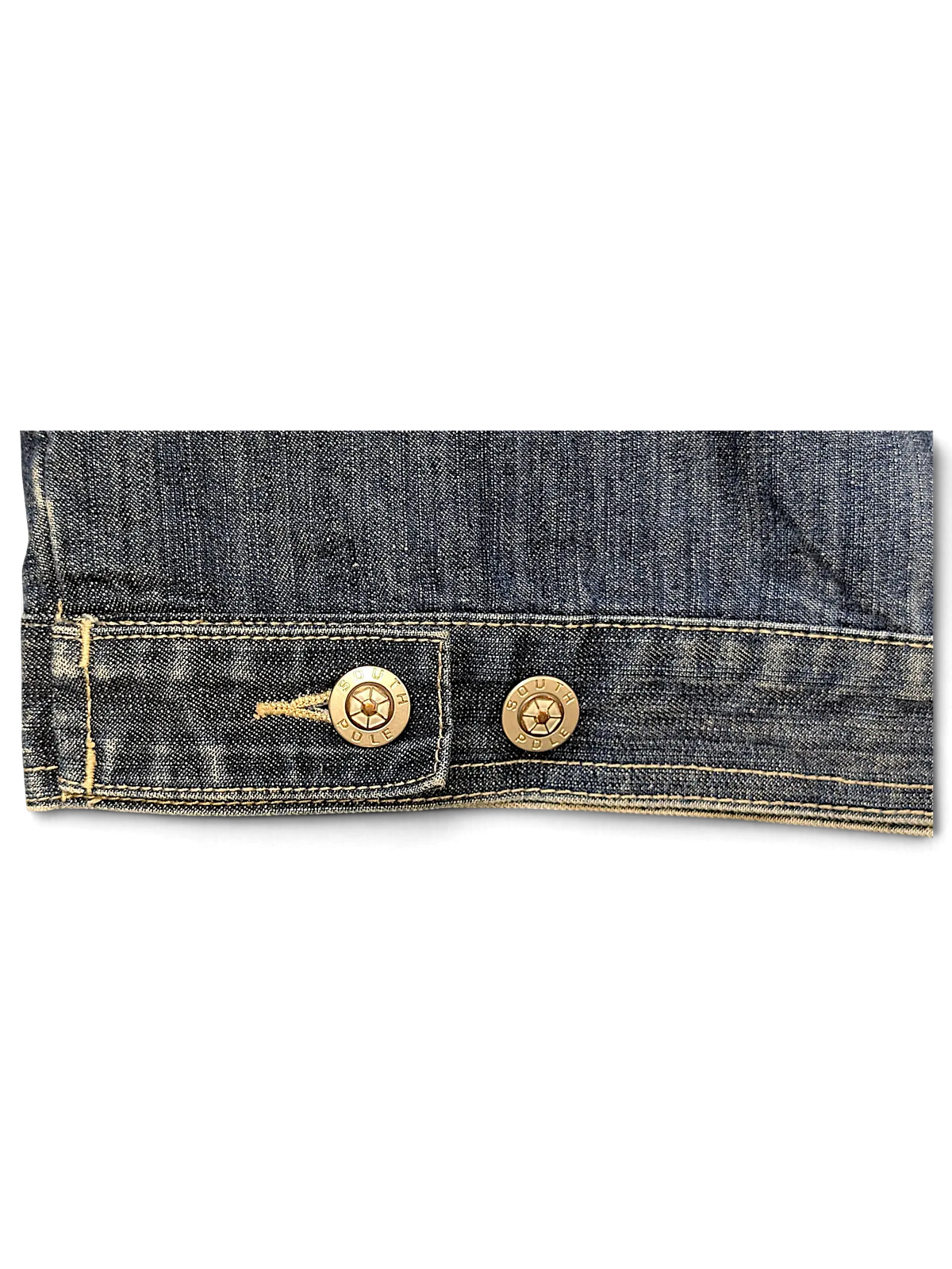 Close-up of a JAKE & IPI Southpole denim jacket featuring dark blue fabric and branded metallic buttons