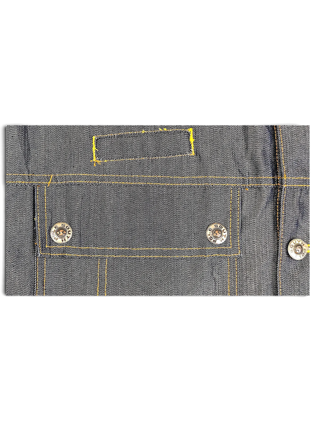 Close-up of a JAKE & IPI Southpole denim jacket featuring dark blue fabric, yellow stitching, and branded metal buttons.