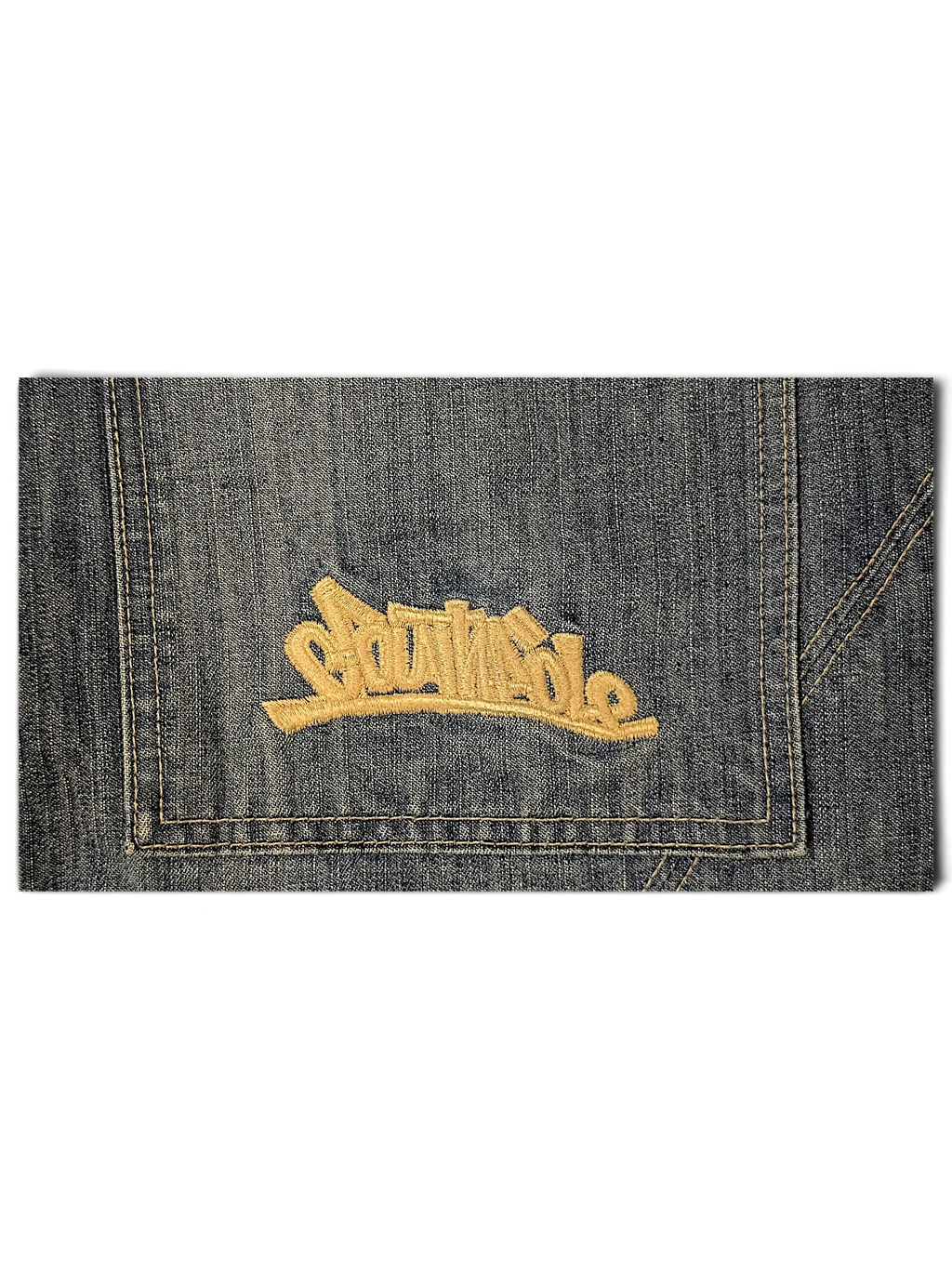 JAKE & IPI Southpole denim jacket featuring a cream-colored embroidered logo on a blue denim pocket