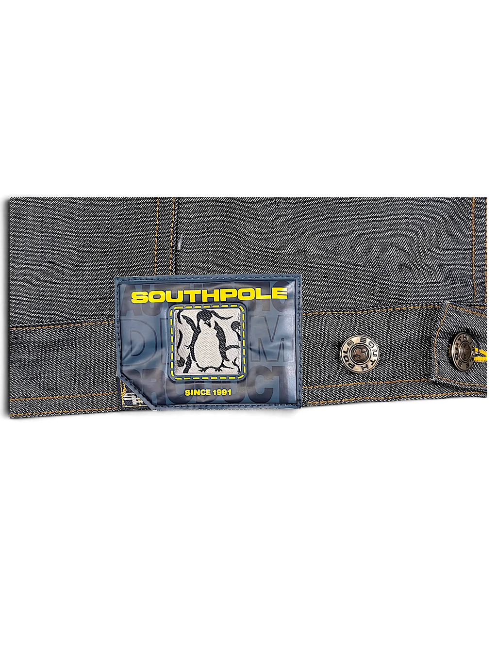JAKE & IPI Southpole denim jacket featuring a branded patch with a penguin graphic and metallic button detail