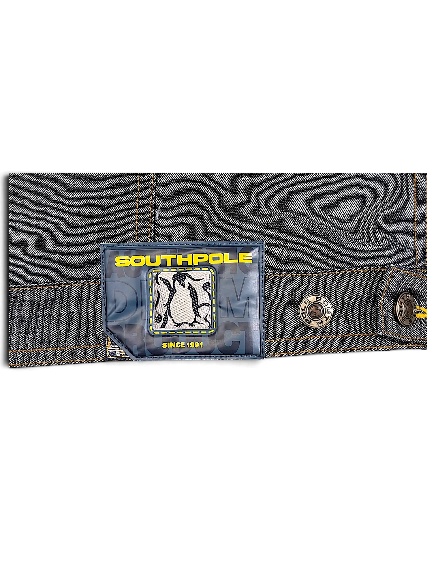 JAKE & IPI Southpole denim jacket featuring a branded patch with a penguin graphic and metallic button detail