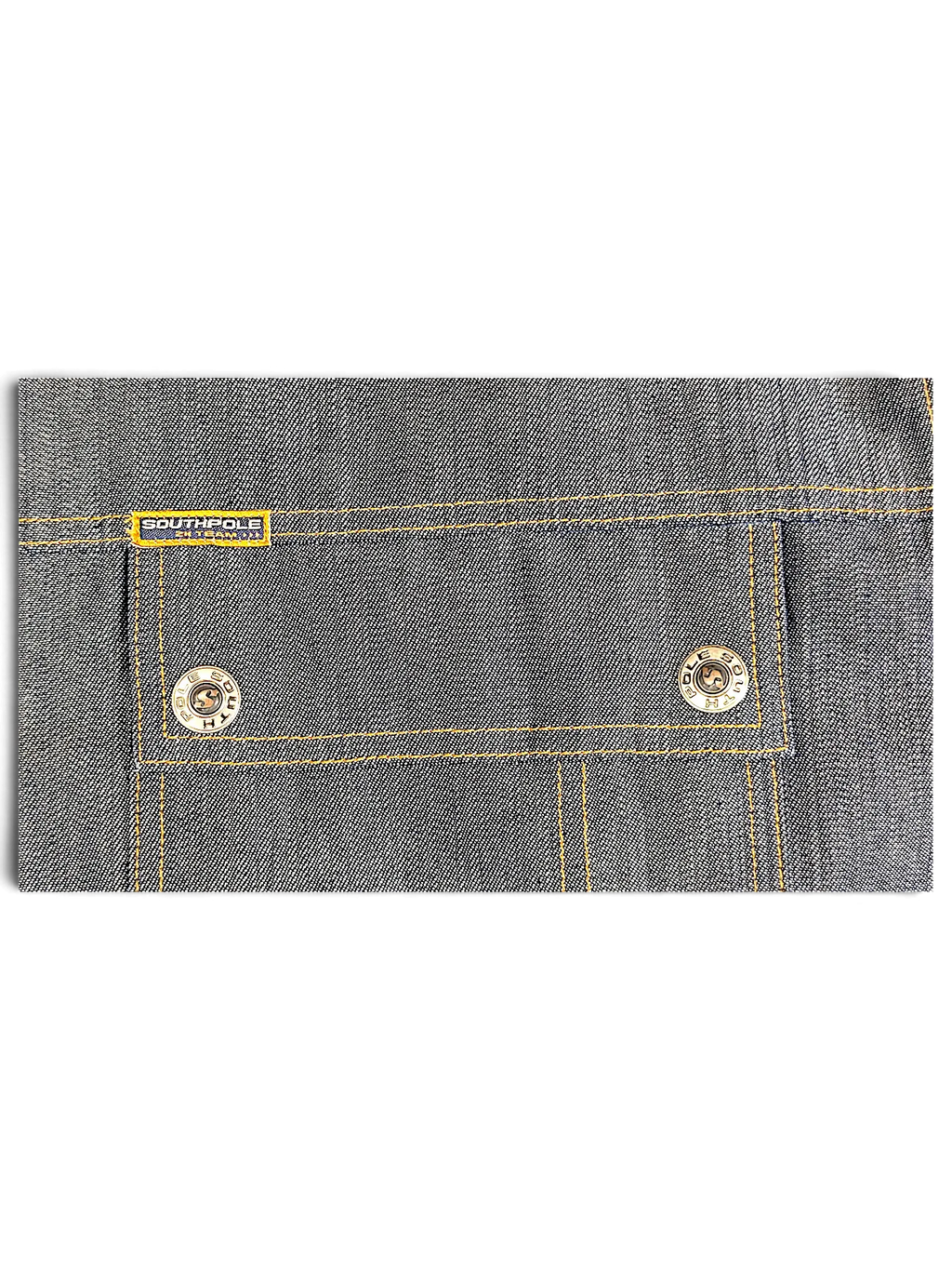 JAKE & IPI Southpole denim jacket pocket detail with contrast stitching and branded metal buttons