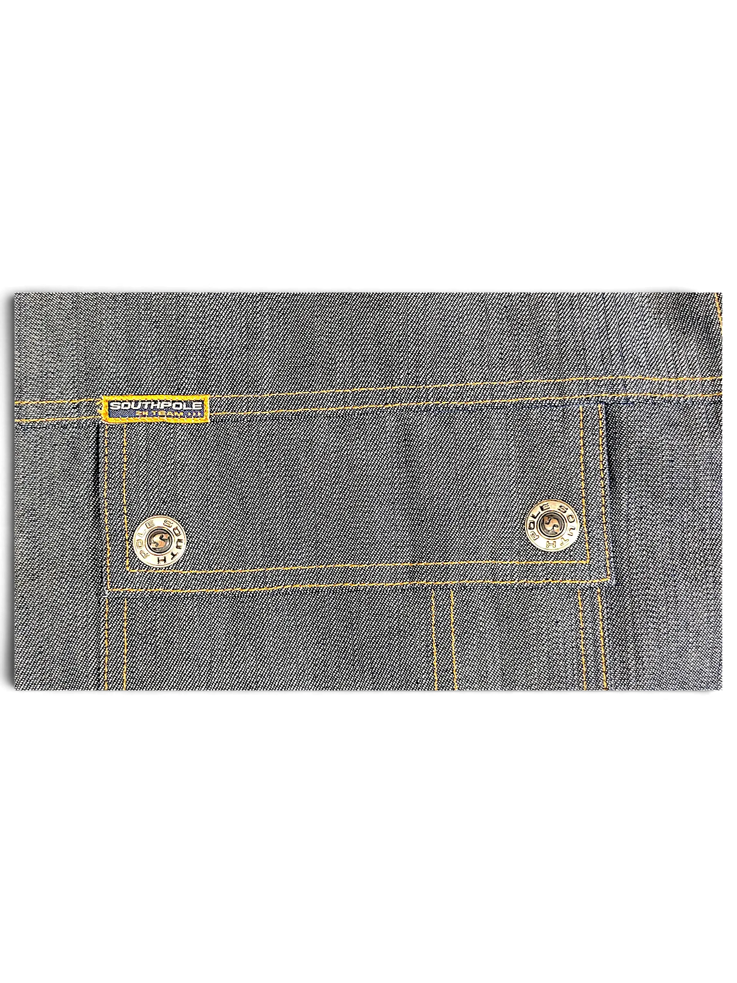 JAKE & IPI Southpole denim jacket pocket detail with contrast stitching and branded metal buttons