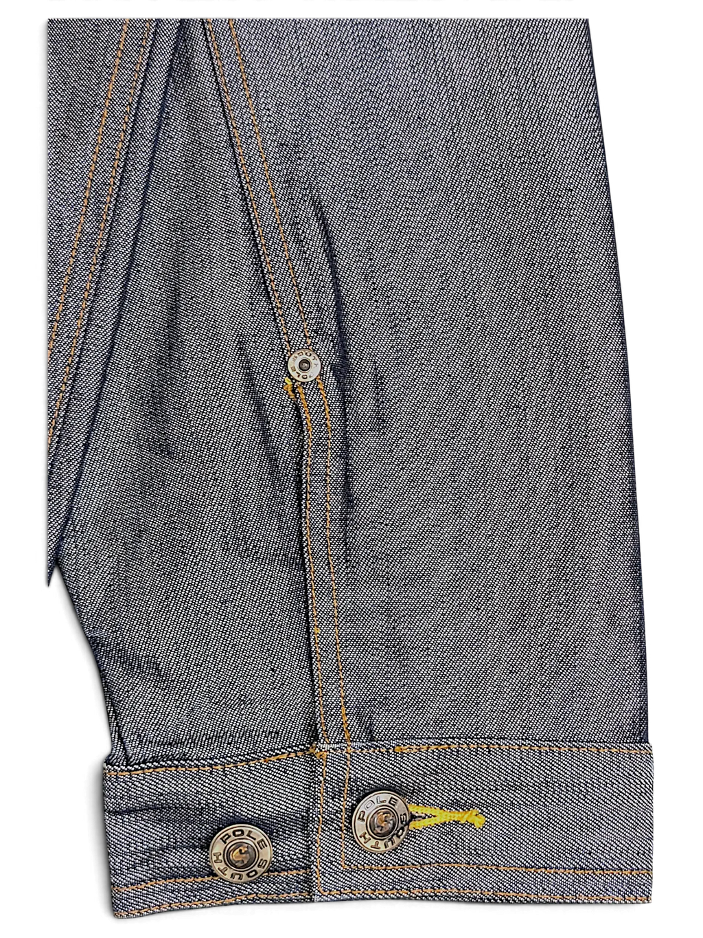 JAKE & IPI Southpole blue denim jacket sleeve detail with contrast stitching and branded metal buttons