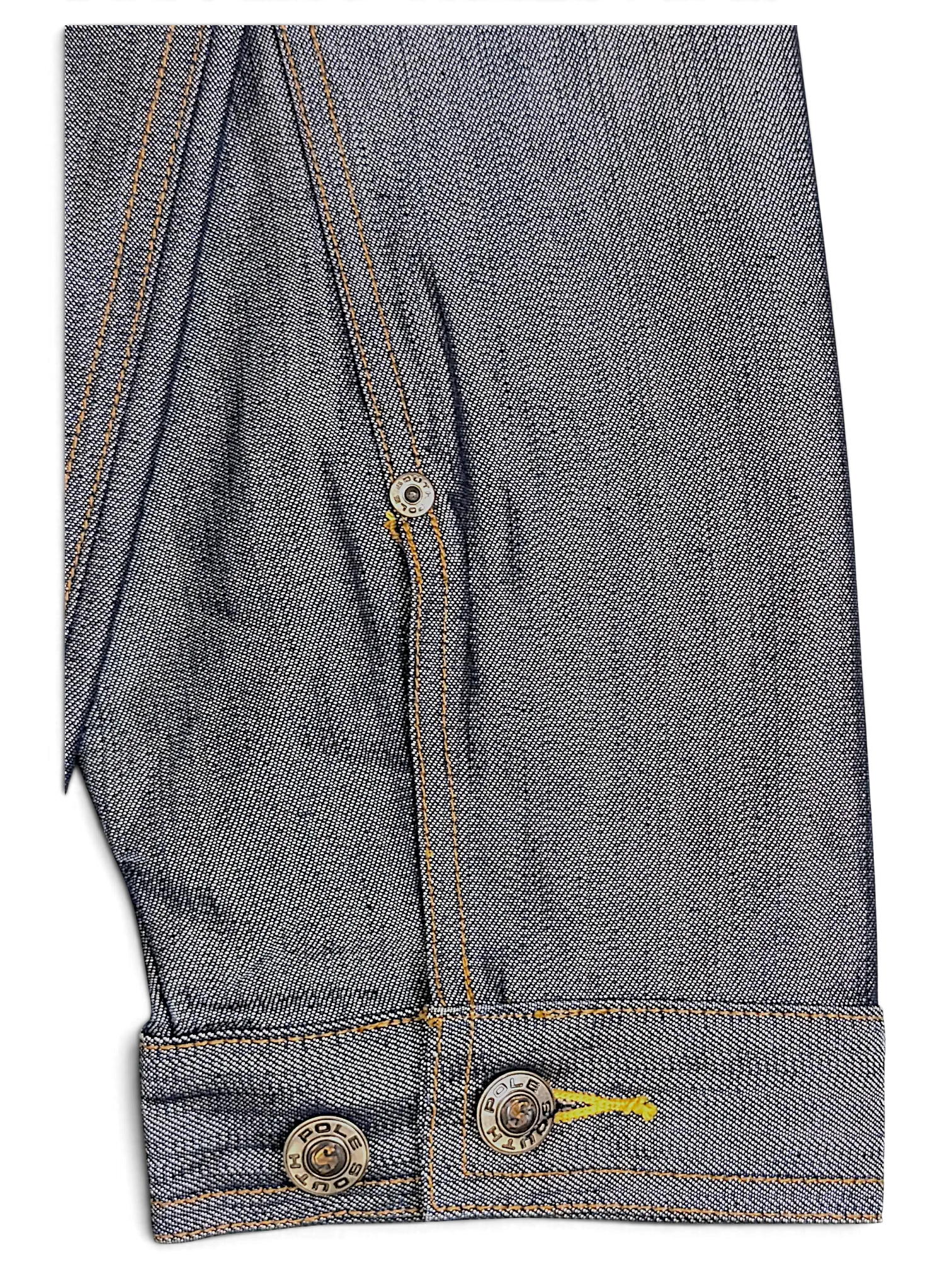 JAKE & IPI Southpole blue denim jacket sleeve detail with contrast stitching and branded metal buttons