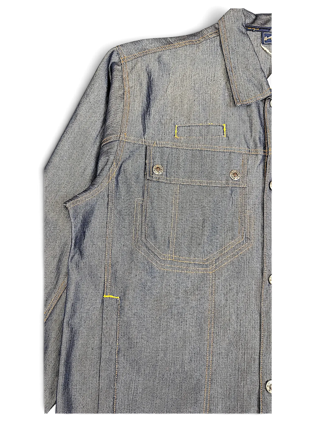 JAKE & IPI Southpole denim jacket featuring structured blue fabric, contrast yellow stitching, and chest pockets.
