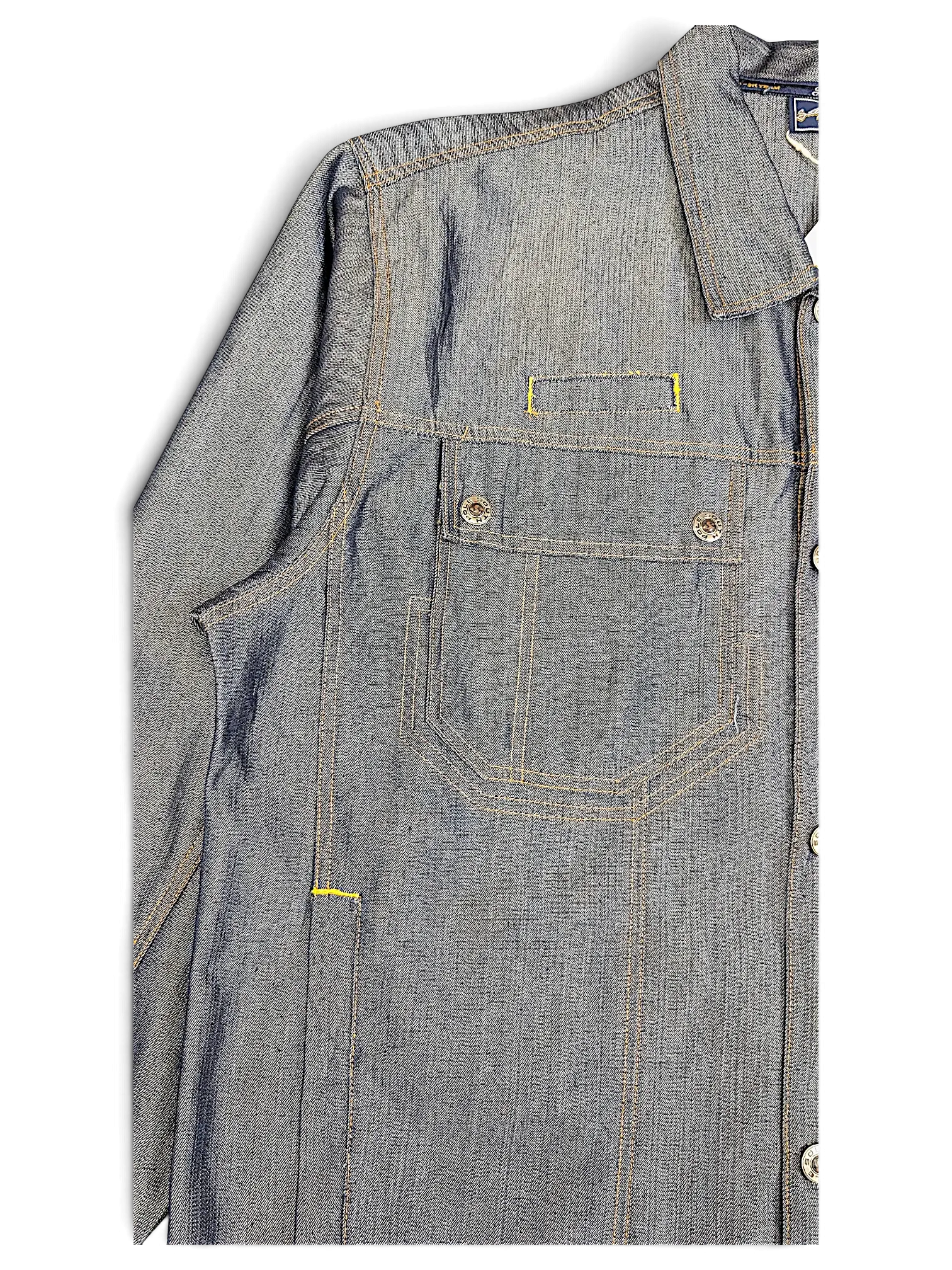 JAKE & IPI Southpole denim jacket featuring structured blue fabric, contrast yellow stitching, and chest pockets.
