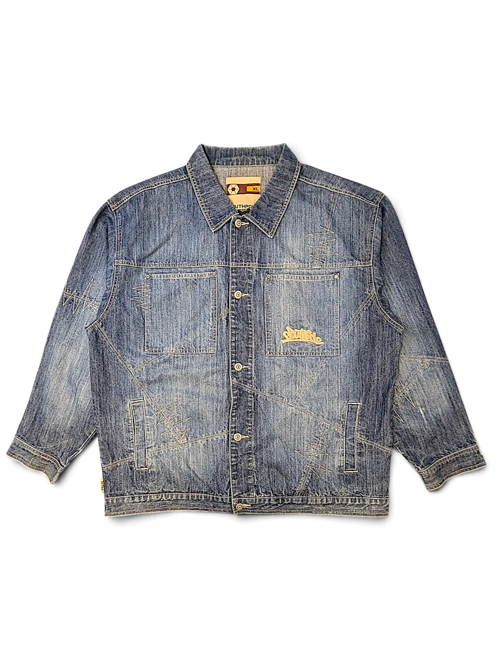JAKE & IPI Southpole blue denim jacket with distressed patchwork stitching and embroidered chest logo