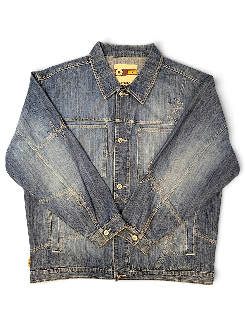 JAKE & IPI Southpole denim jacket in medium blue wash with distressed stitching details and button-up front.