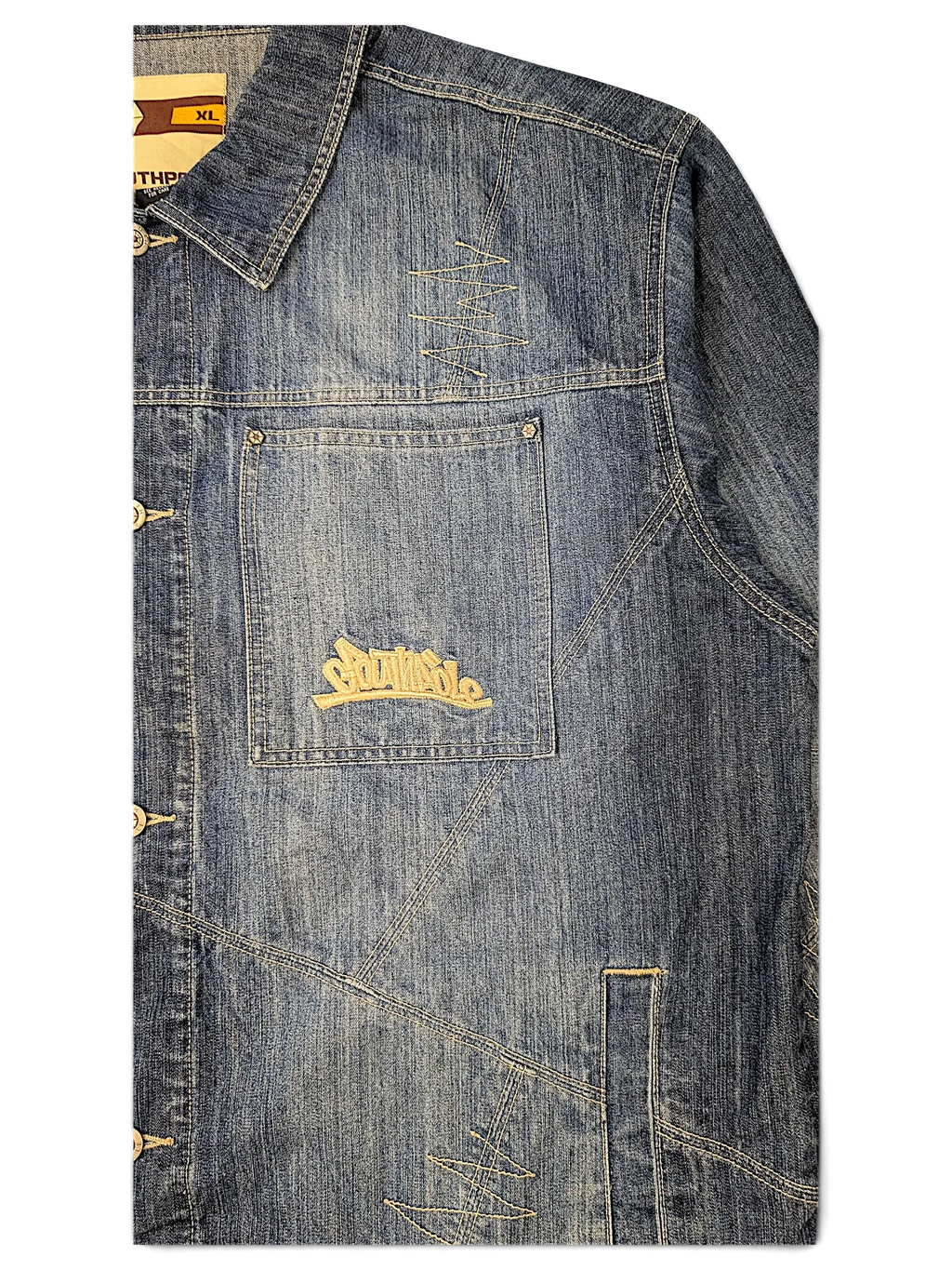 JAKE & IPI Southpole blue denim jacket featuring embroidered logo, contrast stitching, and distressed detailing.