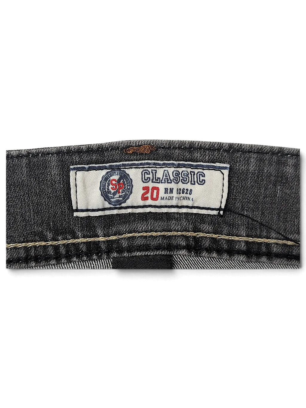 JAKE & IPI SP Classic Y2K jeans interior label featuring size 20 and grey denim fabric texture.
