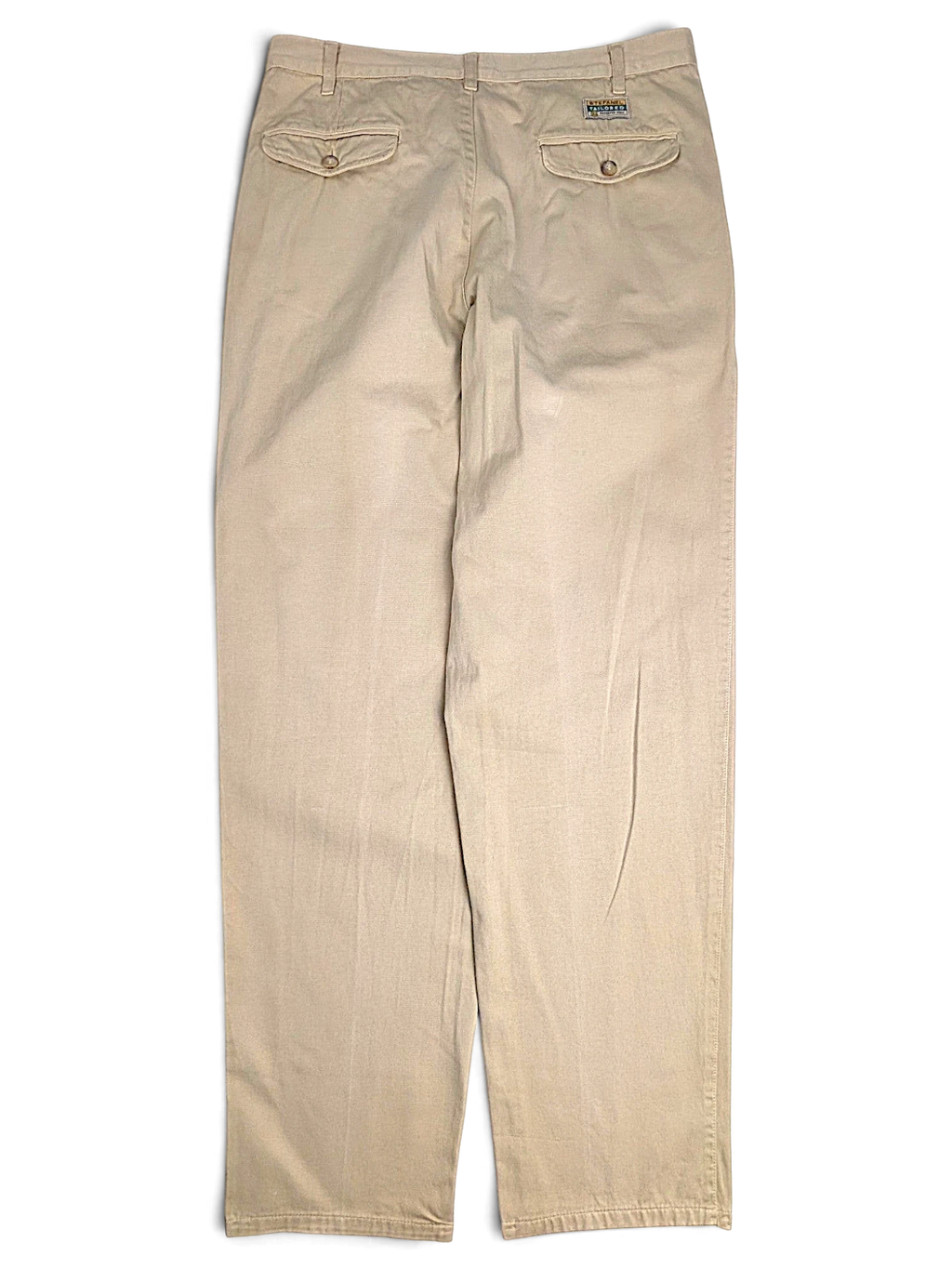 JAKE & IPI Stefanel beige cotton tailored trousers featuring back pockets with button closures and a straight leg fit.