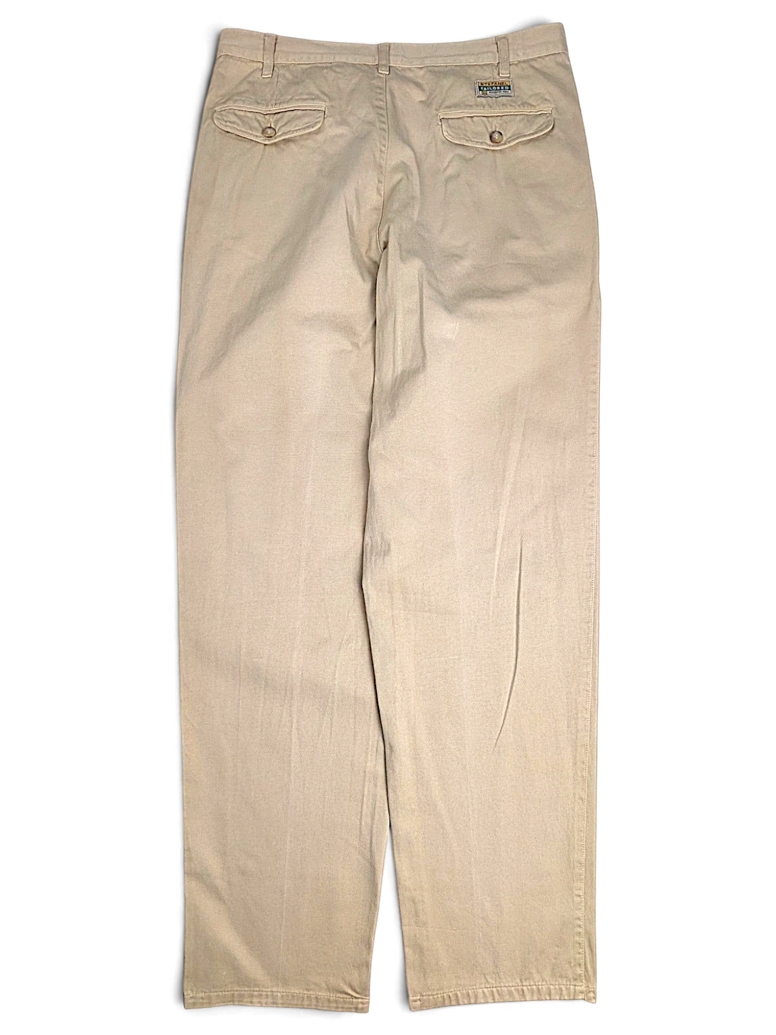 JAKE & IPI Stefanel beige cotton tailored trousers featuring back pockets with button closures and a straight leg fit.