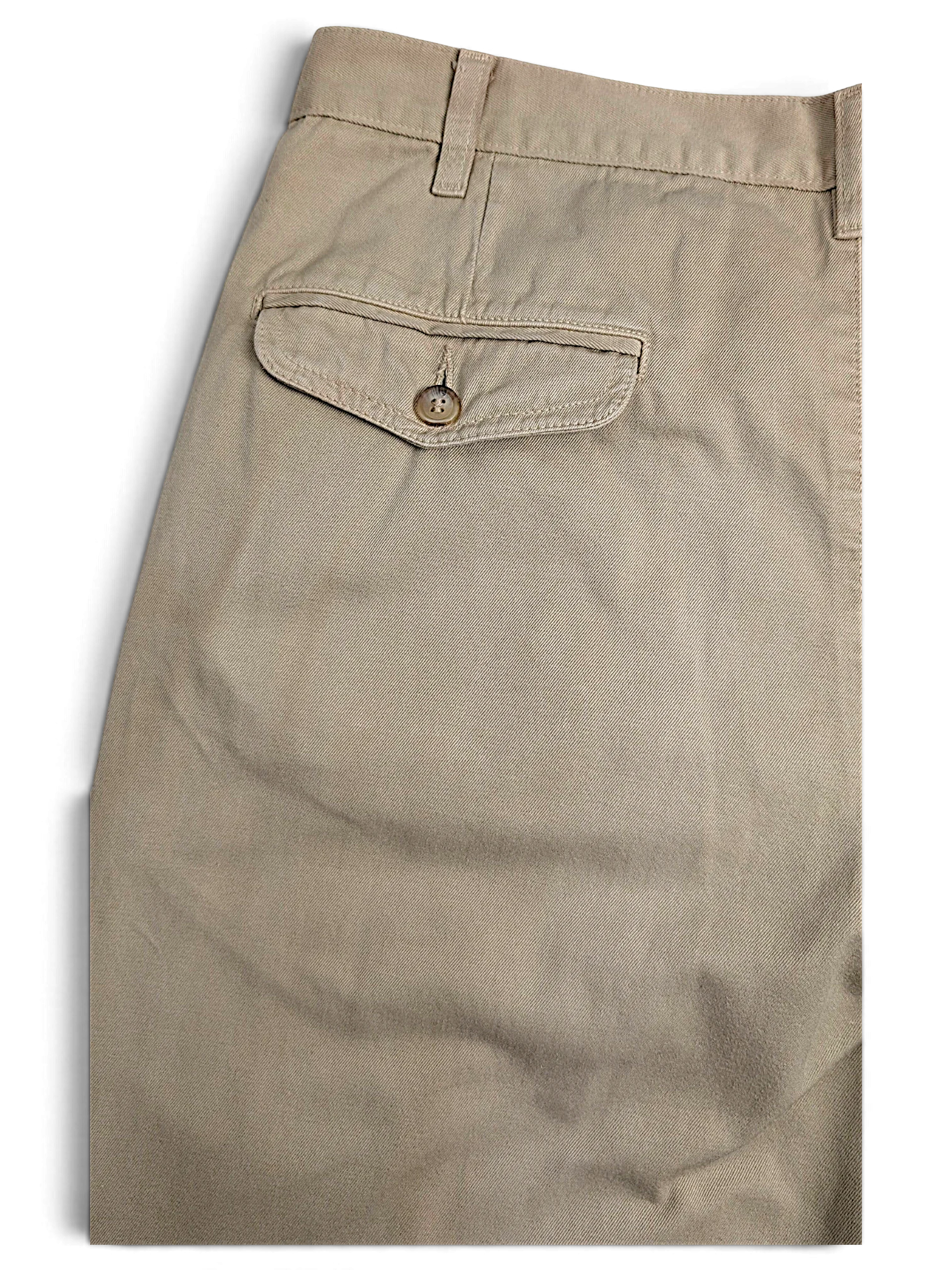 JAKE & IPI Stefanel beige cotton tailored trousers featuring a buttoned flap pocket detail