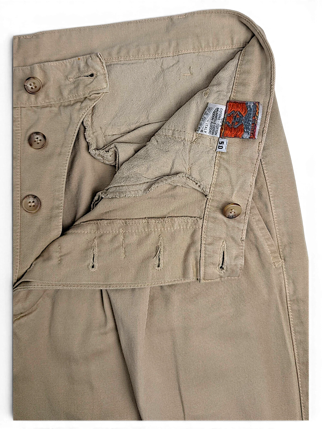 JAKE & IPI Stefanel beige cotton tailored trousers featuring front pleats and button fly detail