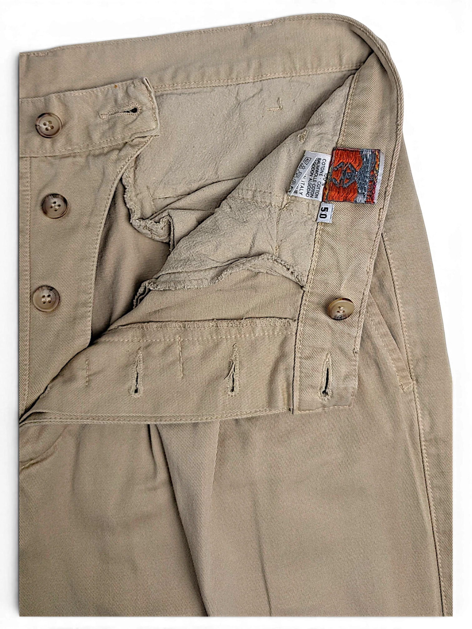 JAKE & IPI Stefanel beige cotton tailored trousers featuring front pleats and button fly detail