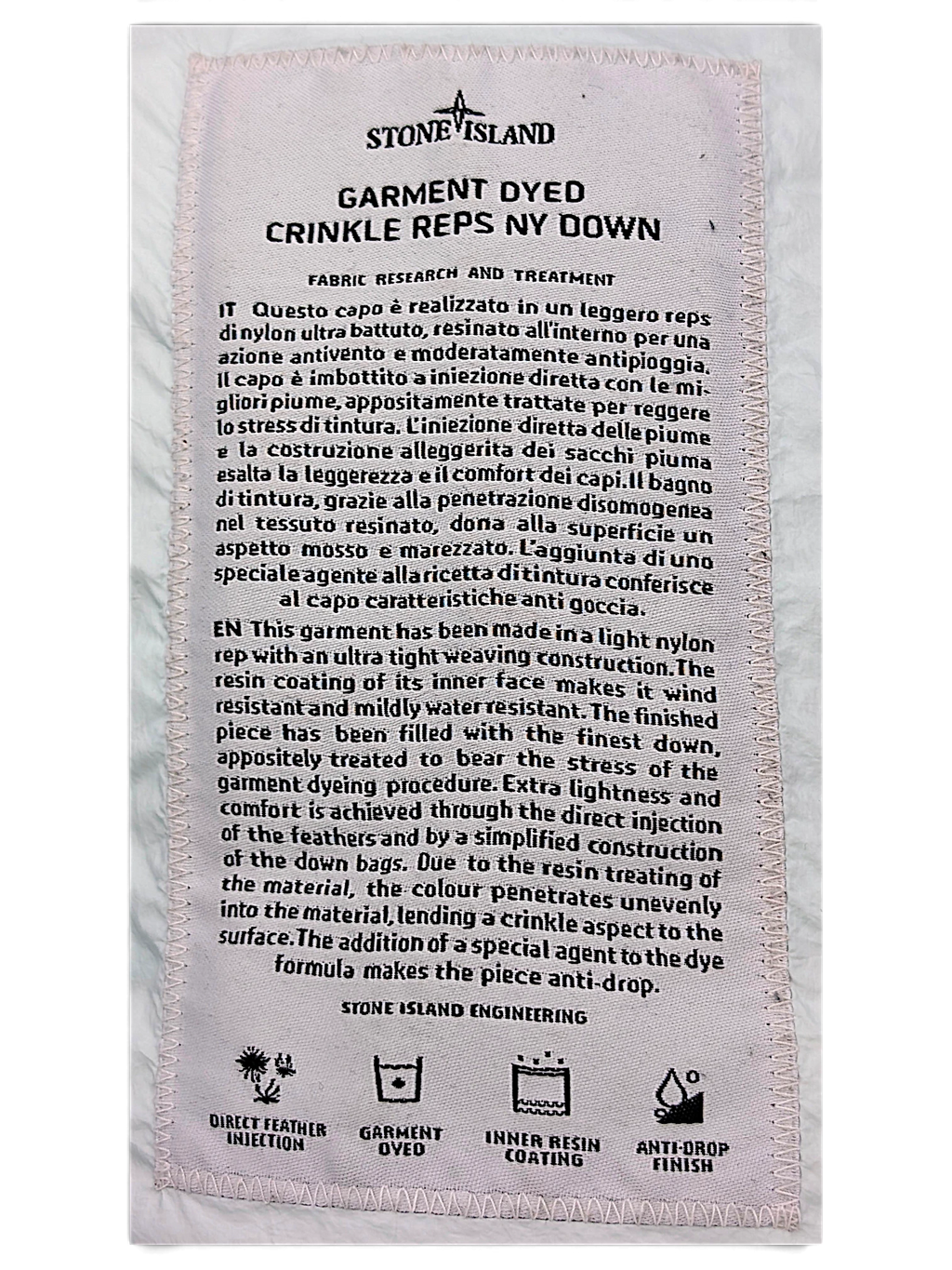 Stone Island 70123 technical product label describing Crinkle Reps NY Down-TC