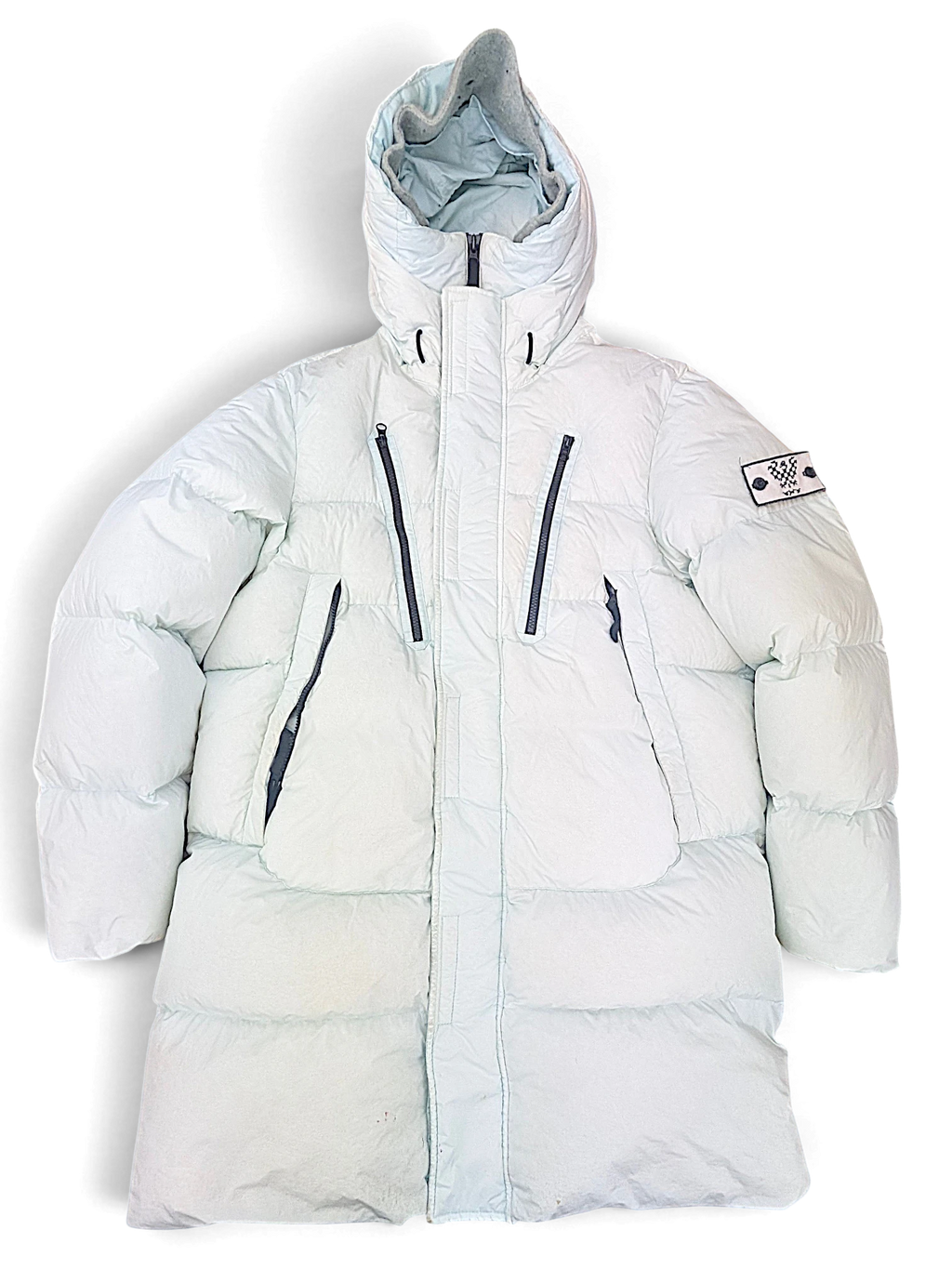 Pale blue Stone Island 70123 down coat from Ibe's personal archive, front view