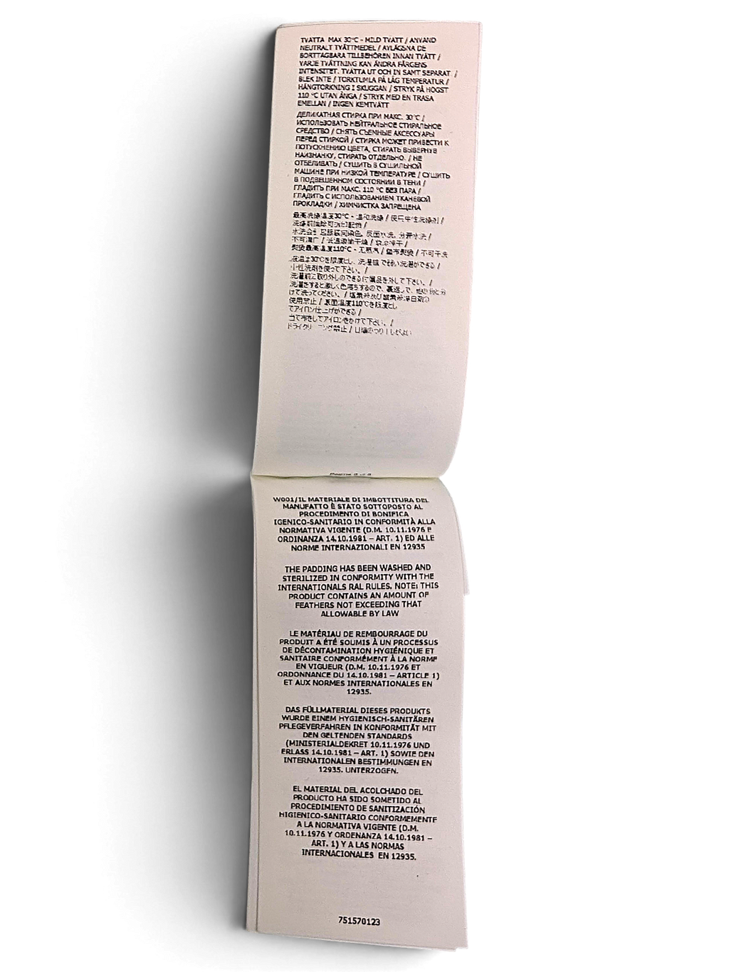 Stone Island down coat filling certification and care label
