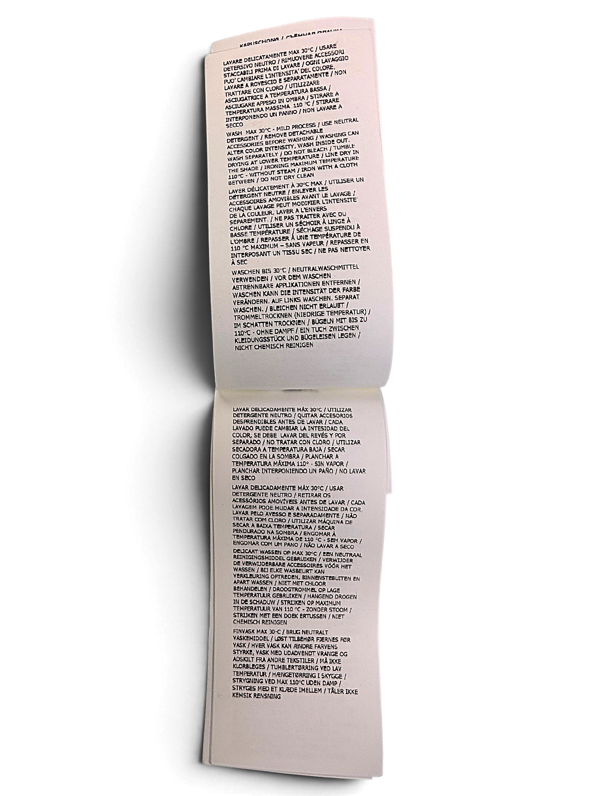 Stone Island down coat multilingual care label