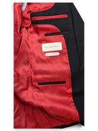 JAKE & IPI Suitsupply black suit jacket interior with vibrant red lining and Super 150s pure wool label