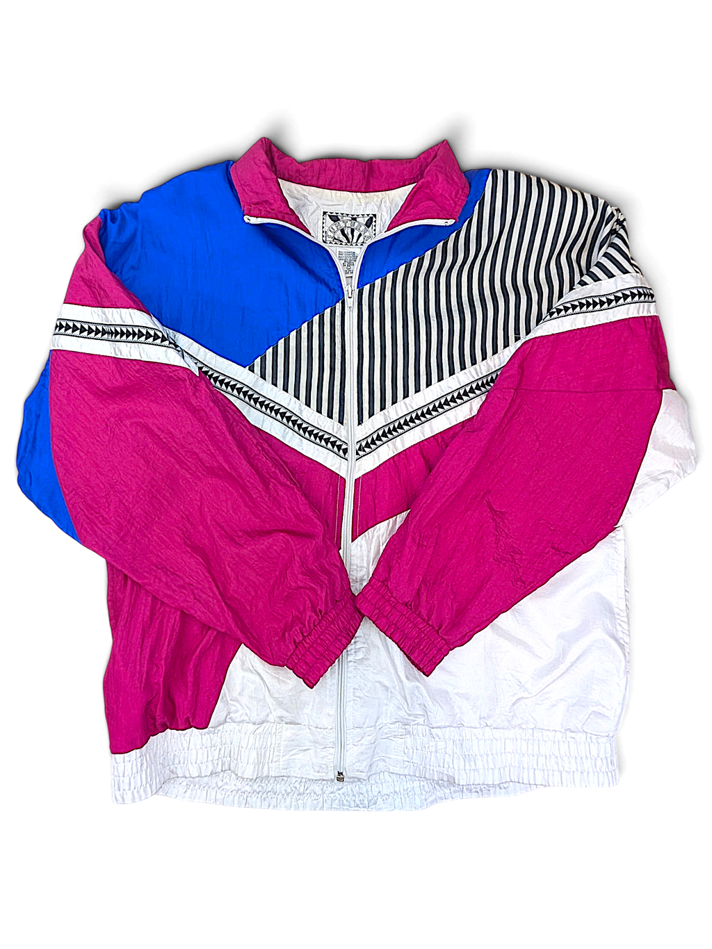 Sunterra Pink and Blue Stripe Windbreaker; Front view of the pink, blue and white striped windbreaker.