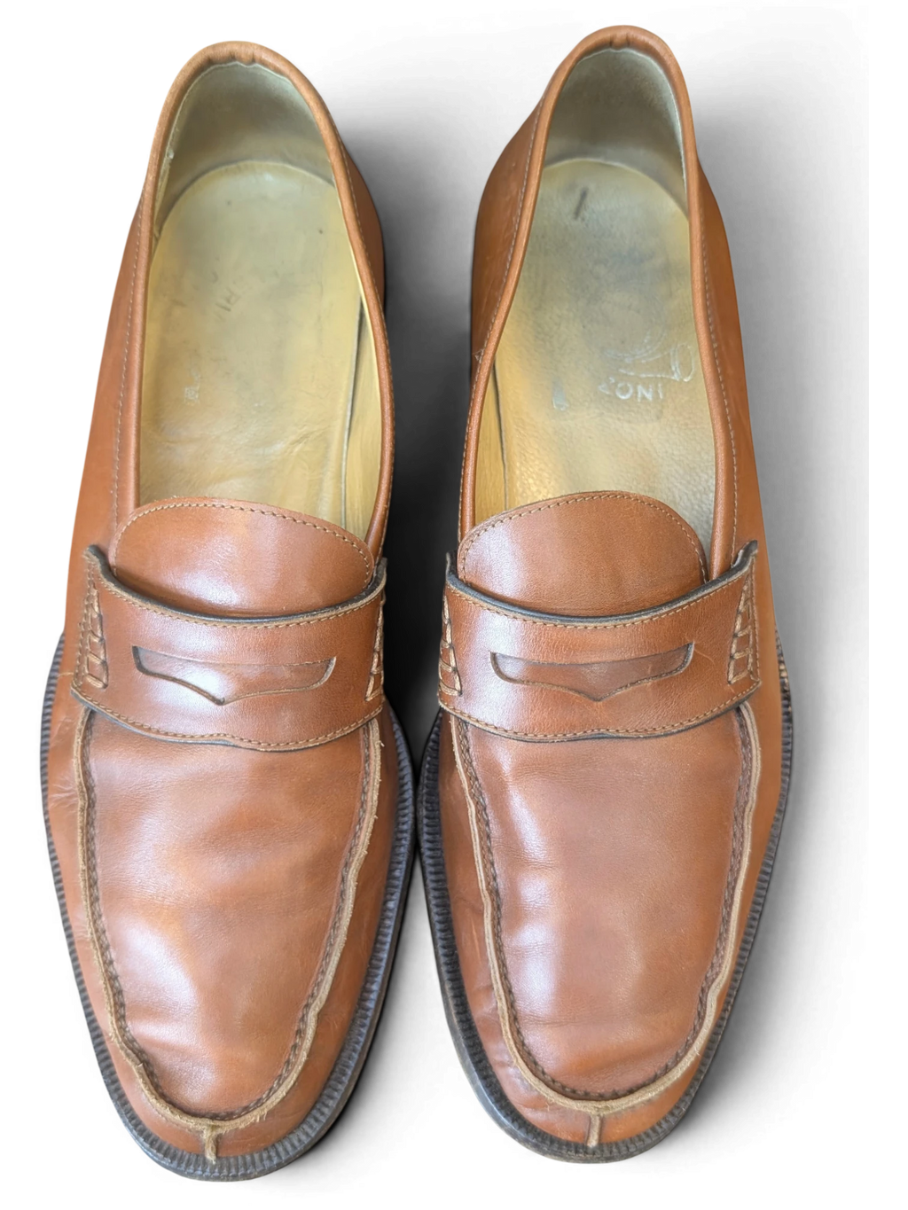 JAKE & IPI tan leather penny loafers with classic strap detail and stitched apron toe